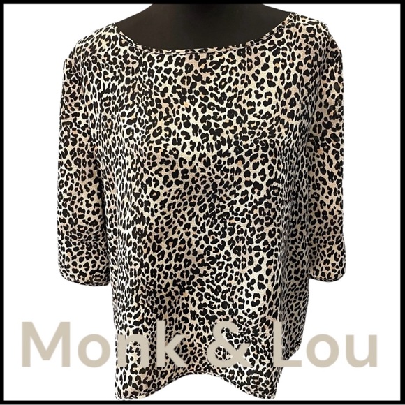 Monk & Lou Black Tan Cream Leopard Print 3/4 Sleeve Button Back Top (M) - Picture 1 of 14